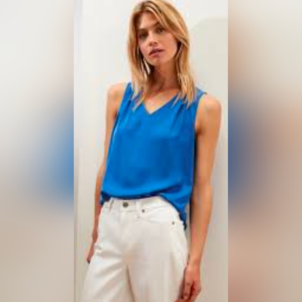 Banana Republic Royal Blue Satin Pleated V-Neck Tank Top